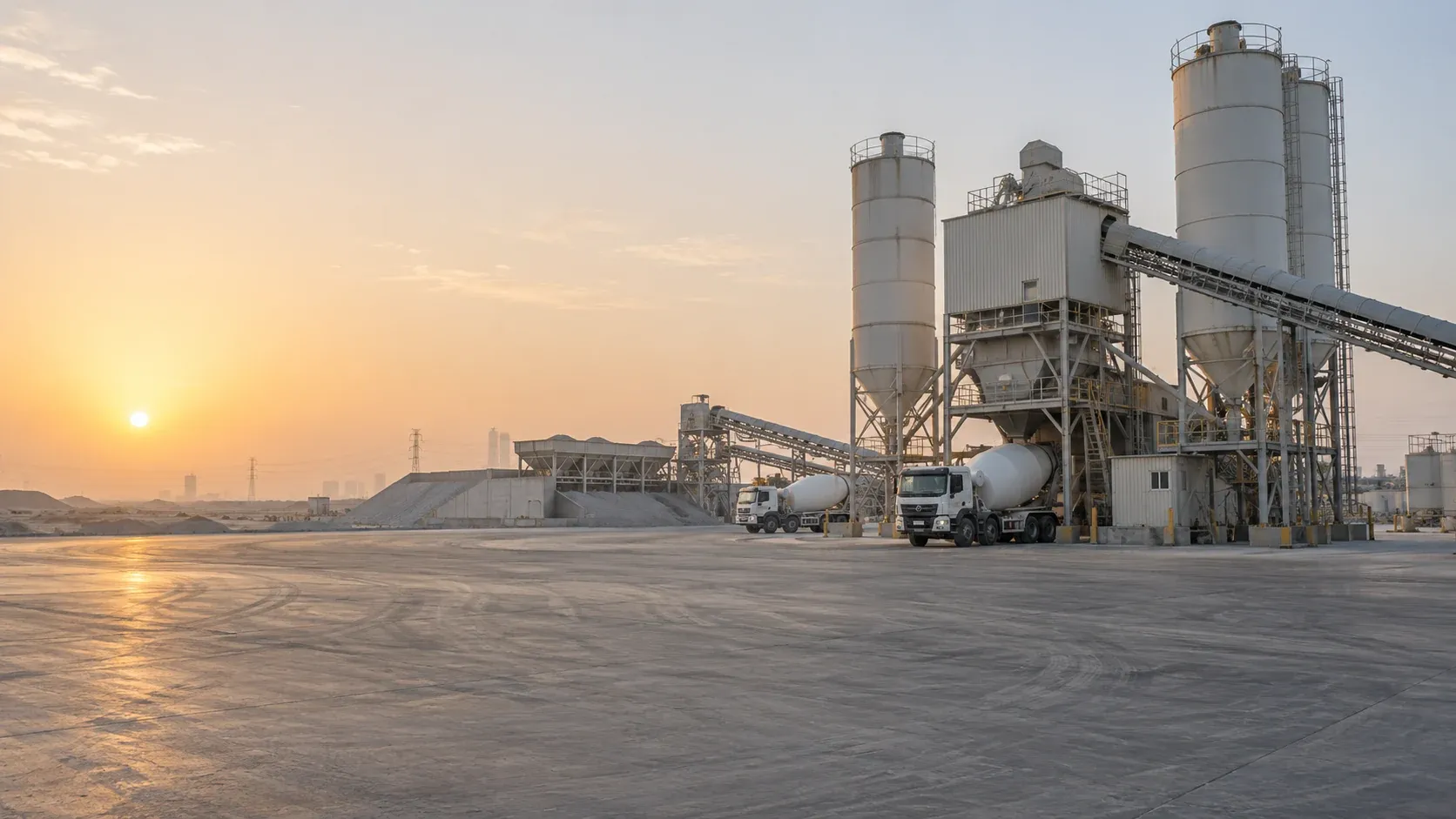 Concrete batching plant with silos and mixer trucks at sunrise